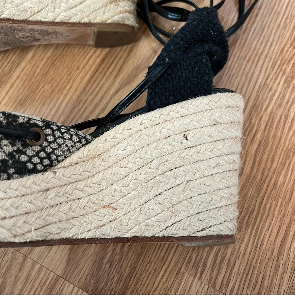 Bettye Muller Snakeskin print Canvas platform wedge ankle wrap Espadrilles sz 37
